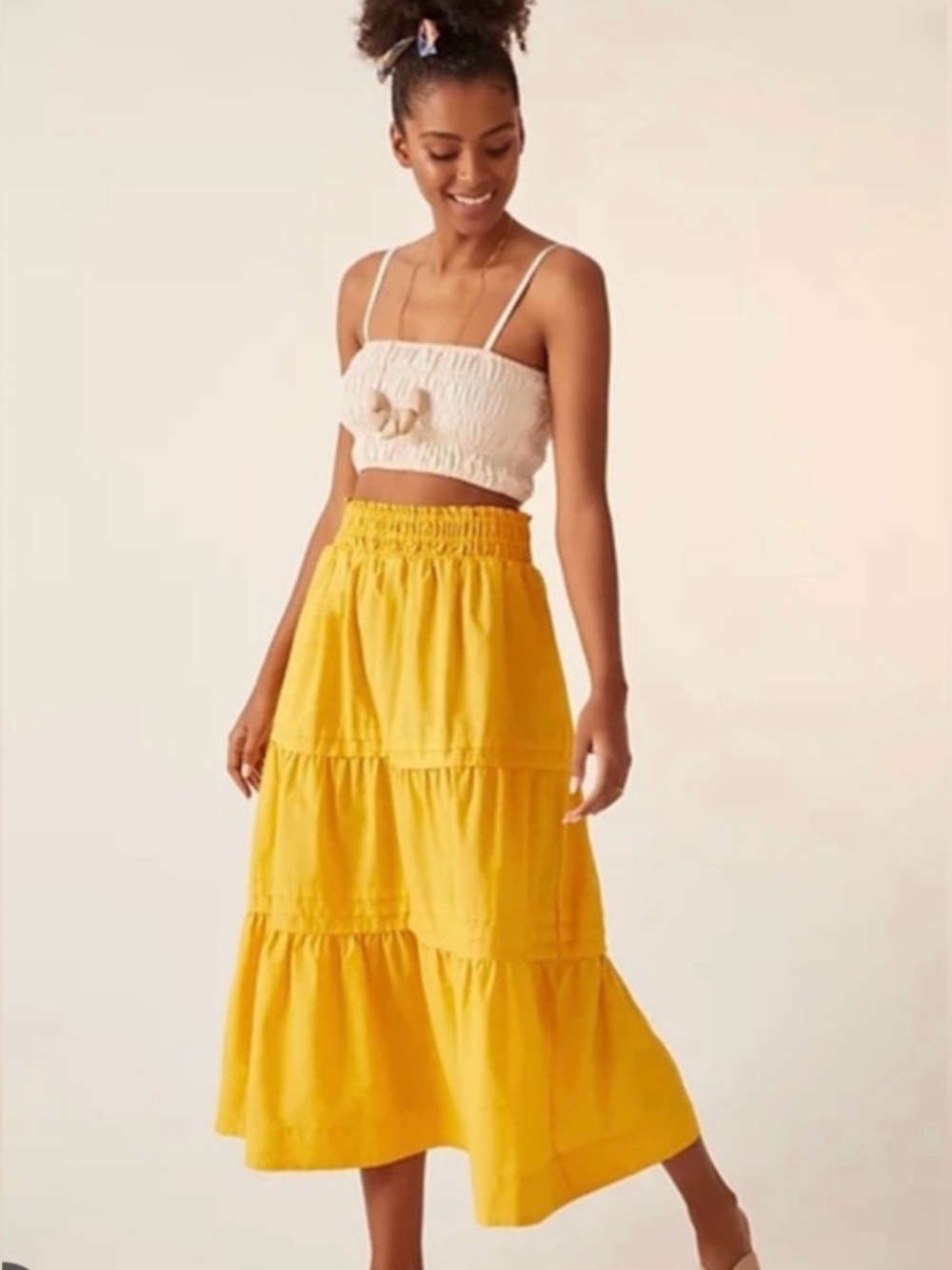 Maeve ANTHROPOLOGIE Yellow Tiered Cotton Midi Maxi Skirt Size 1X